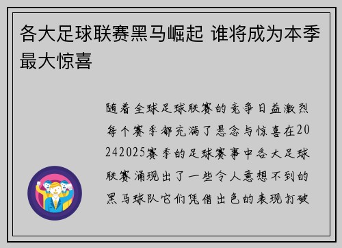 各大足球联赛黑马崛起 谁将成为本季最大惊喜